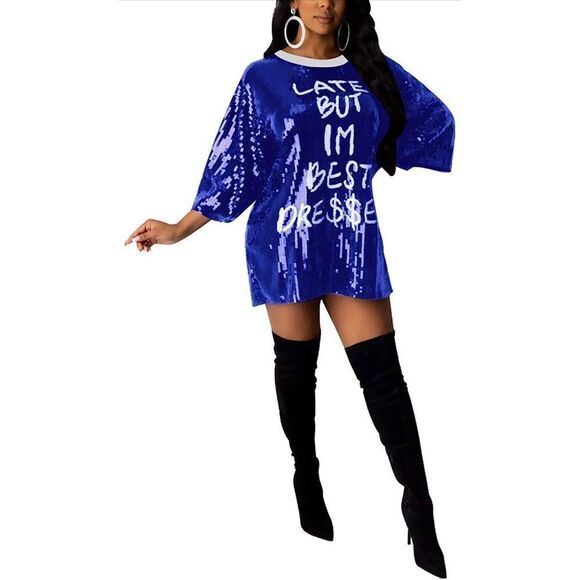 NEW Sequin Glitter Shirt Letter Print 3/4 Sleeve Short Dress Club L - Picture 1 of 5